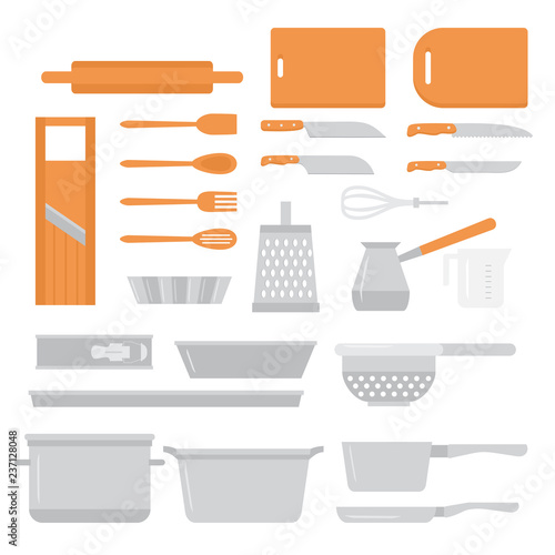 Flat Cooking equipment set. Chef design elements icons. Kitchen dishes baking tools, knifes and pans