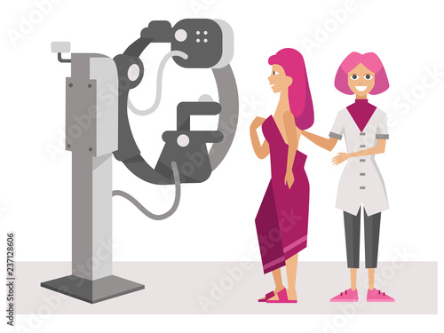 Woman with doctor at magnetic resonance imaging poster