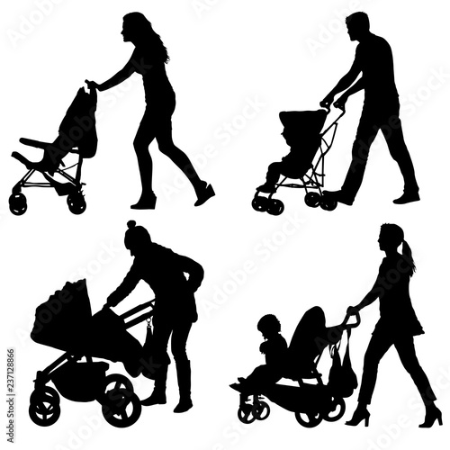 Set silhouettes walkings mothers with baby strollers