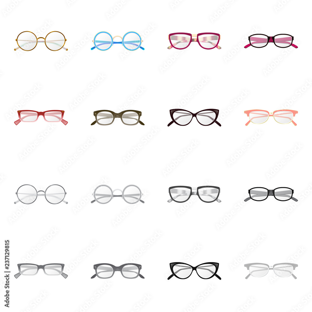 Isolated object of glasses and frame logo. Collection of glasses and accessory vector icon for stock. Isolated object of glasses and frame logo. Collection of glasses and accessory vector icon for stock.