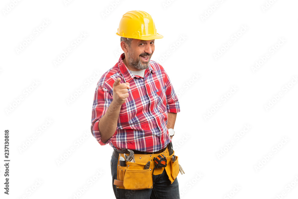 Constructor holding finger as joking concept.