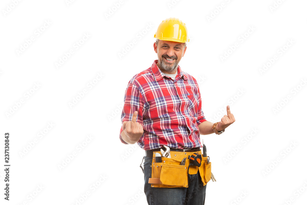 Constructor holding two middle fingers up. Constructor holding two middle fingers up.