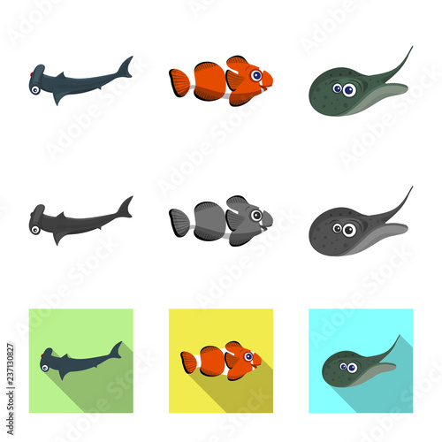 Isolated object of sea and animal sign. Collection of sea and marine stock vector illustration.