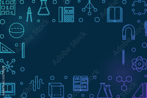 STEM learning blue creative horizontal frame. Vector science concept illustration in thin line style on dark background