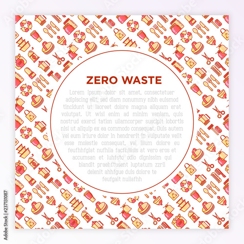 Zero waste concept with thin line icons: menstrual cup, safety razor, glass jar, french press, metal scissors, bath body brush, wooden comb. Modern vector illustration, print media template.