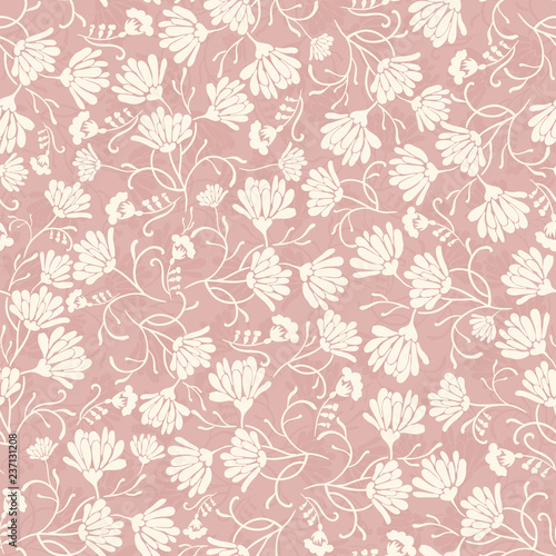 Seamless background with floral patterns. Summer ornament. Vintage Pattern. Elements of flowers and leaves. Vector illustration. Used for wallpaper, printing on the packaging paper, textiles.