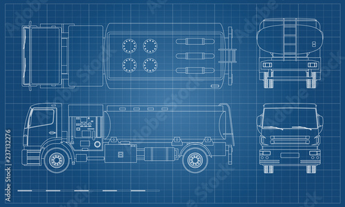 Air fuel truck in outline style. Front, side, top and back view. Maintenance of aircraft. Airfield transport. Tanker for airplane. Industrial 3d realistic blueprint. Vector isolated  illustration
