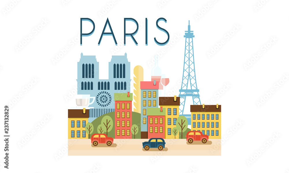 Naklejka premium City street, Paris travel poster vector Illustration on a white background