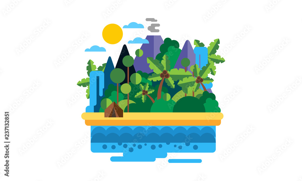 Naklejka premium Tropical island, beautiful landscape with ocean, beach, palm trees, volcano and waterfall vector Illustration