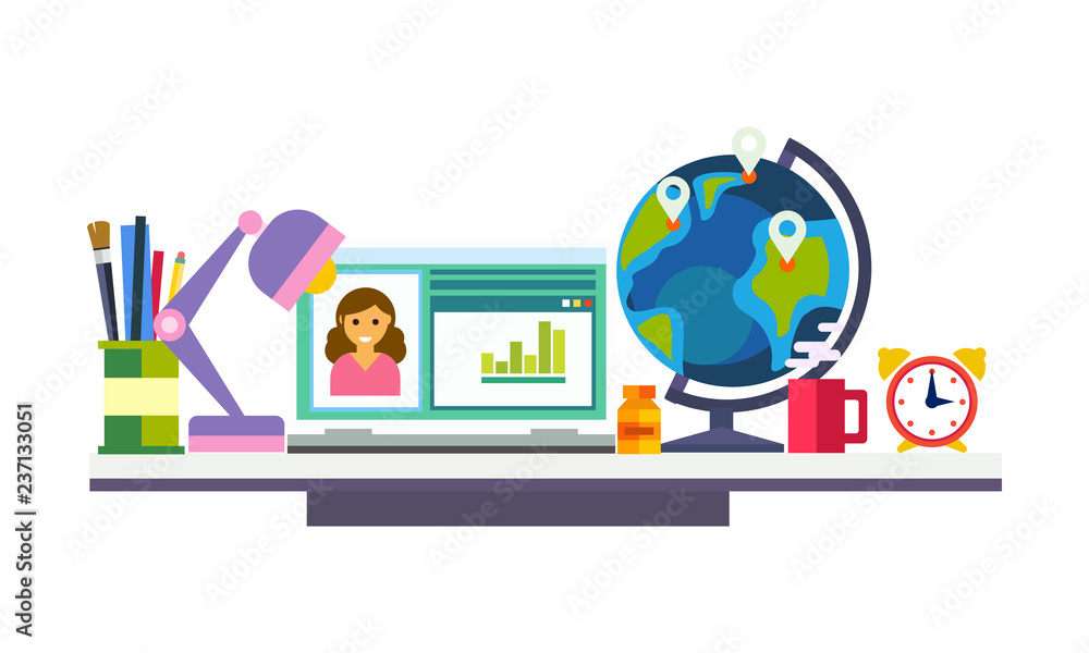Elearning, online education process, school student workspace or workplace vector Illustration Elearning, online education process, school student workspace or workplace vector Illustration