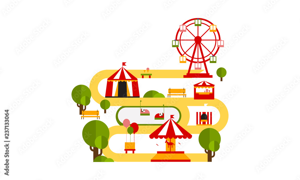Obraz premium Amusement park attractions, circus tent, ferris wheel, merry go round flat vector Illustration