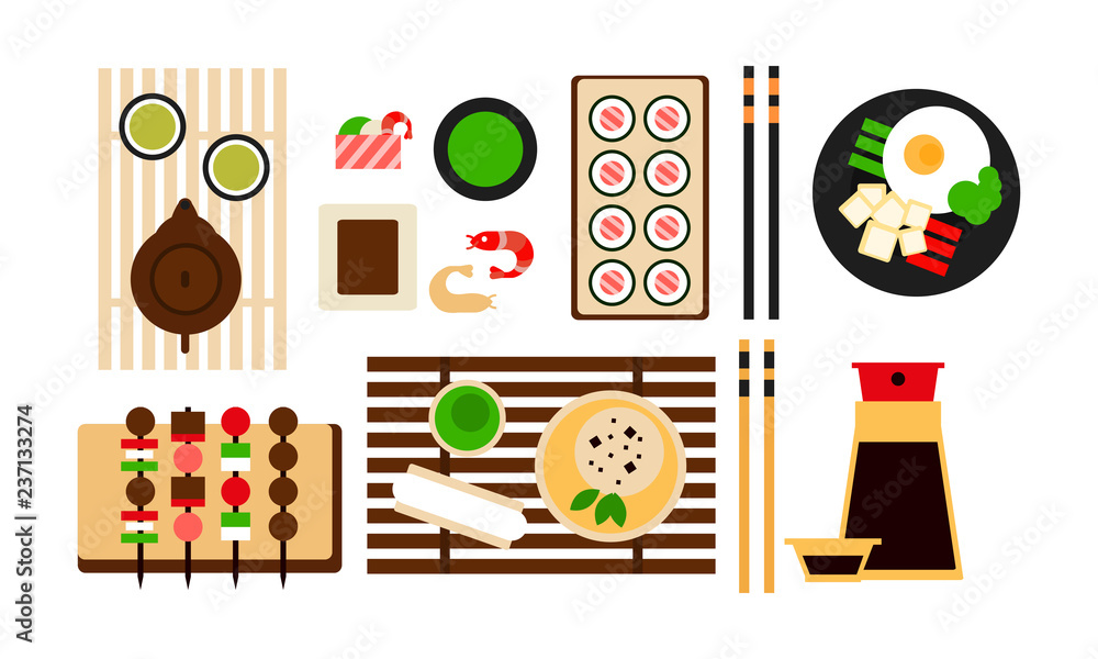 Fototapeta premium Japanese food dishes set, traditional Asian food menu flat vector Illustration on a white background