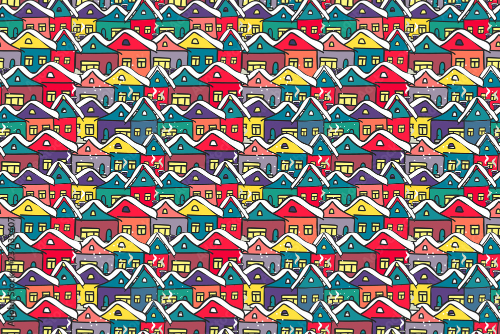 Vector seamless pattern many hand drawn gingerbread multicolored houses. Background for bedding, textile, wallpaper, wrapping, cover page, web site, card, carton, typographic print, fabric, banner.