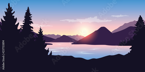 big river and forest nature landscape at sunrise in purple colors vector ilustration EPS10 photo