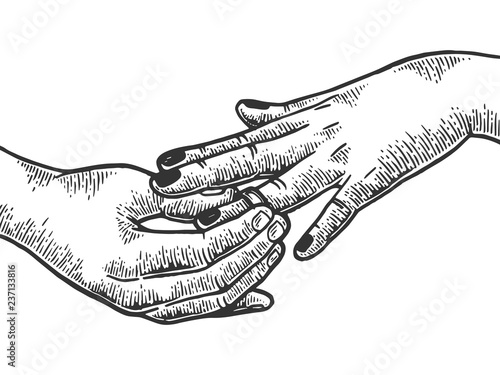 Man put on woman precious diamond ring marriage proposal engraving vector illustration. Scratch board style imitation. Hand drawn image.
