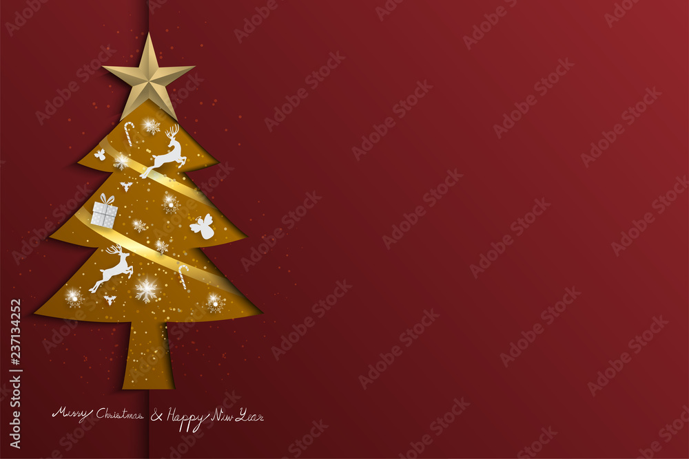 paper cut style gold christmas tree on red background with decoration and snowflake