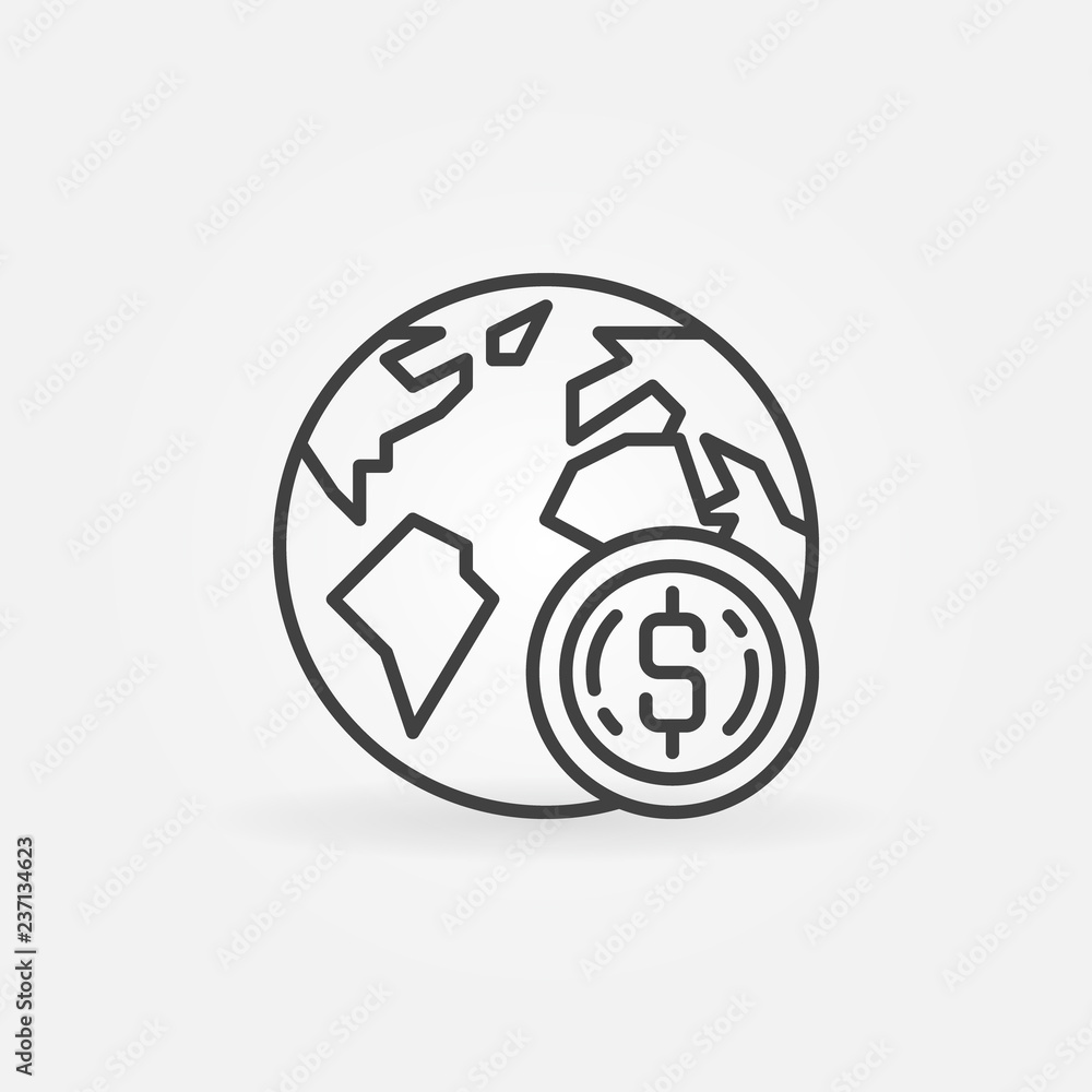 Earth with coin vector icon or symbol in thin line style Earth with coin vector icon or symbol in thin line style