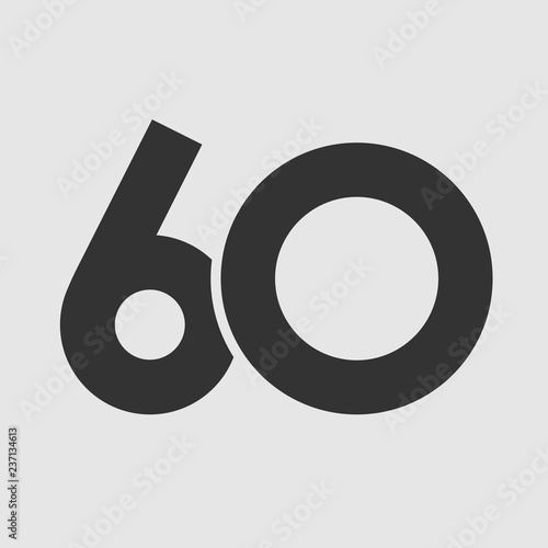 60 th years old logotype. Isolated simple abstract graphic symbol of 60%. Straight elegant cut number design template. Round shape digits, up to -60 % percent off sign. Emblem in minimalistic slyle.