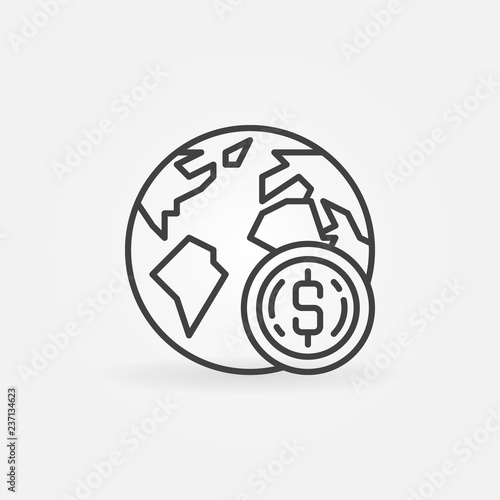 Earth with coin vector icon or symbol in thin line style