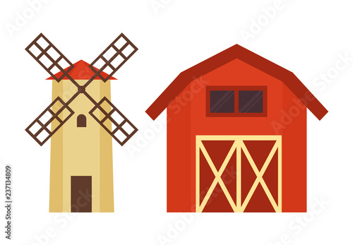 Barn and Water Tower Building Illustration Set