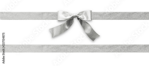 Silver bow ribbon band satin grey stripe fabric (isolated on white background with clipping path) for Christmas holiday gift box, greeting card banner, present wrap design decoration ornament