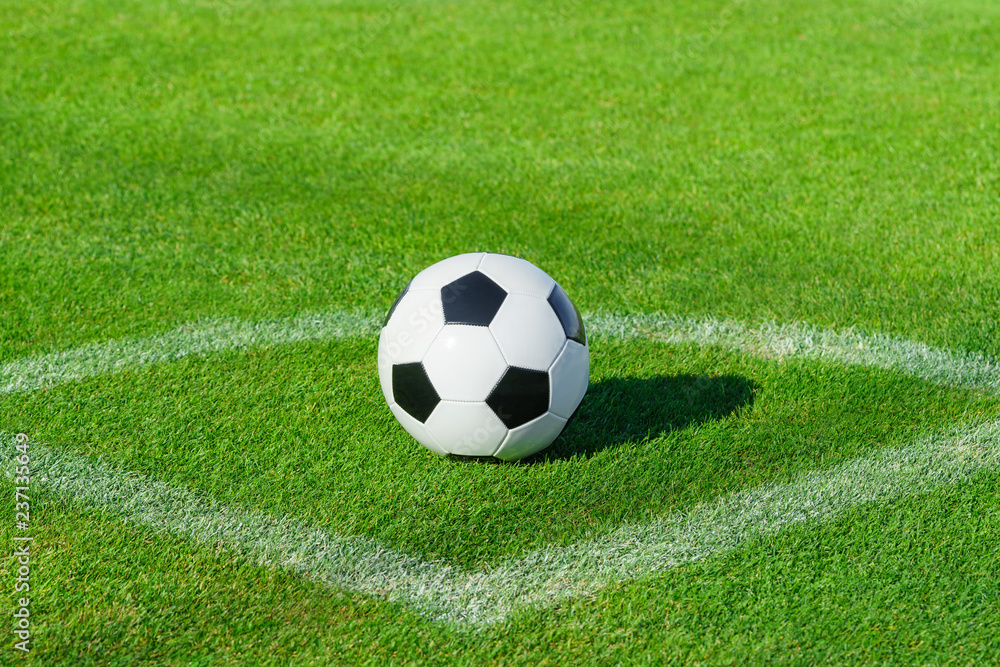 A classic soccer ball lies on the bright green grass on the football field in the designated area of the penalty area at a sports stadium close-up in a large sports center for football players A classic soccer ball lies on the bright green grass on the football field in the designated area of the penalty area at a sports stadium close-up in a large sports center for football players