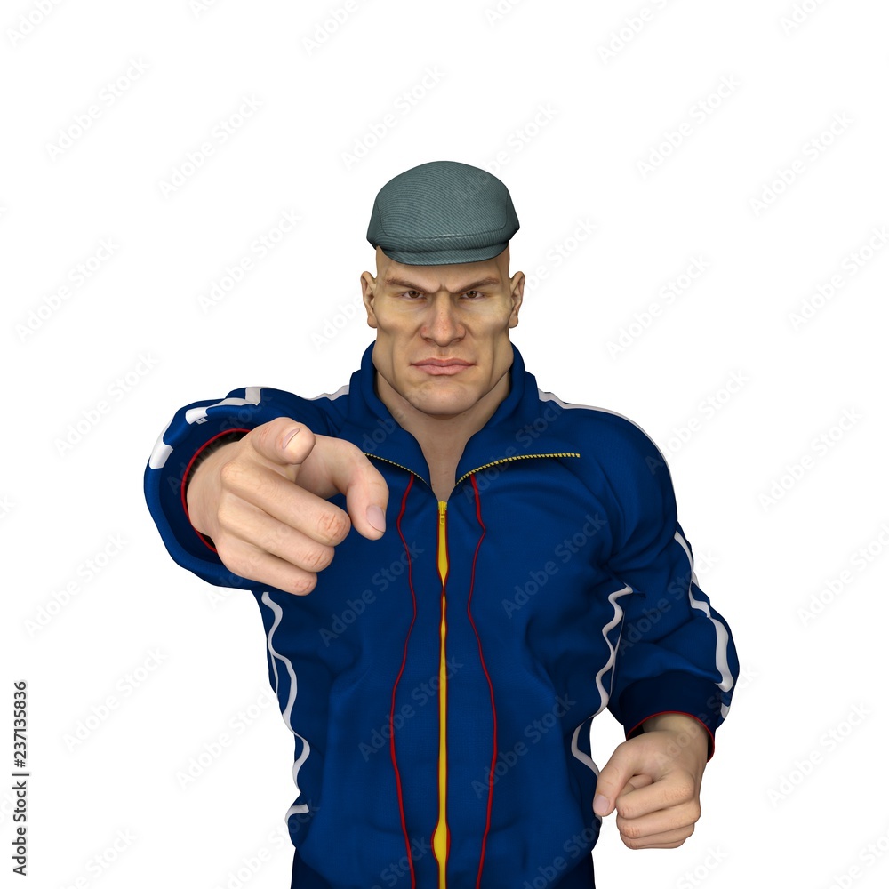 bully in sportswear points with index finger at you.3d 3D illustration. bully in sportswear points with index finger at you.3d 3D illustration.