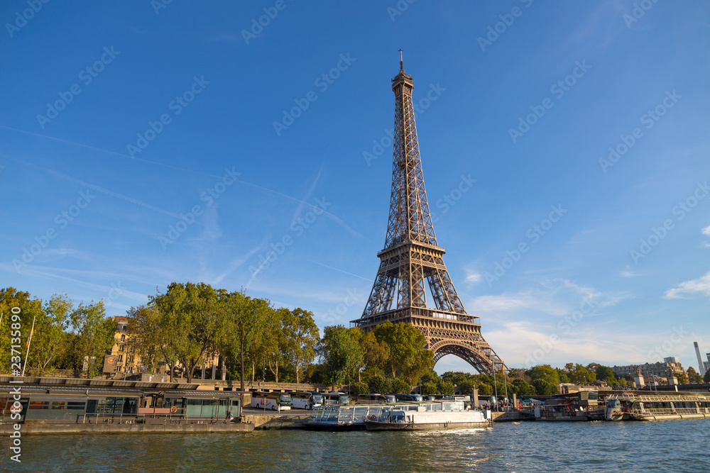 PARIS, FRANCE, SEPTEMBER 8, 2018 - The Eiffel Tower from the river Seine in a sunny day in Paris, France