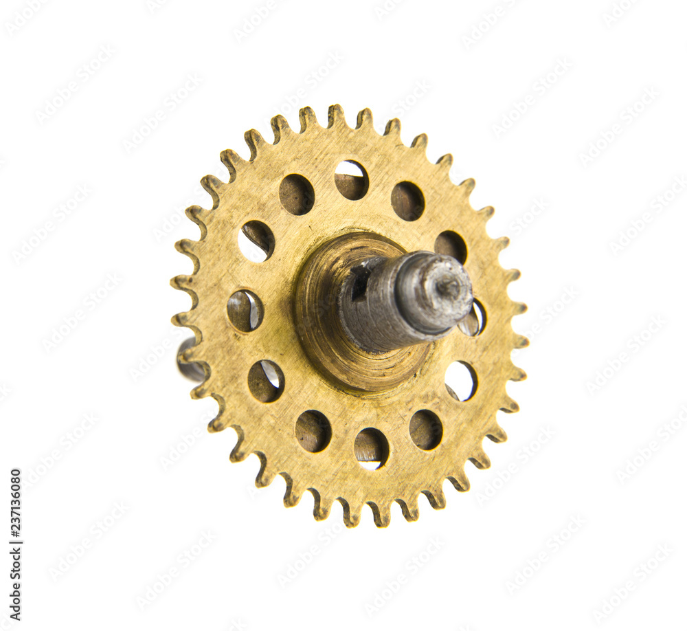 yellow metal clock gear isolated on white background yellow metal clock gear isolated on white background