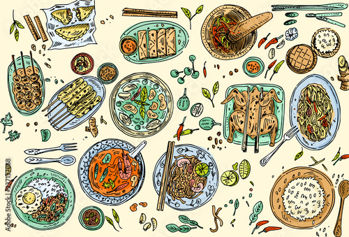 Thai food background, Hand drawn popular Thai food such as Tom Yum Soup, Pad Thai Noodles, Chicken Satay, Papaya Salad etc.
