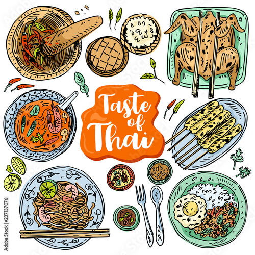 Thai food background, Hand drawn popular Thai food such as Tom Yum Soup, Pad Thai Noodles, Chicken Satay, Papaya Salad etc.
