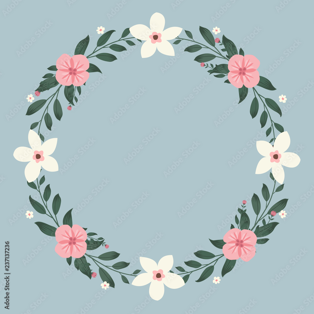 Fototapeta premium Floral greeting card and invitation template for wedding or birthday anniversary, Vector circle shape of text box label and frame, Colorful flowers wreath ivy style with branch and leaves.
