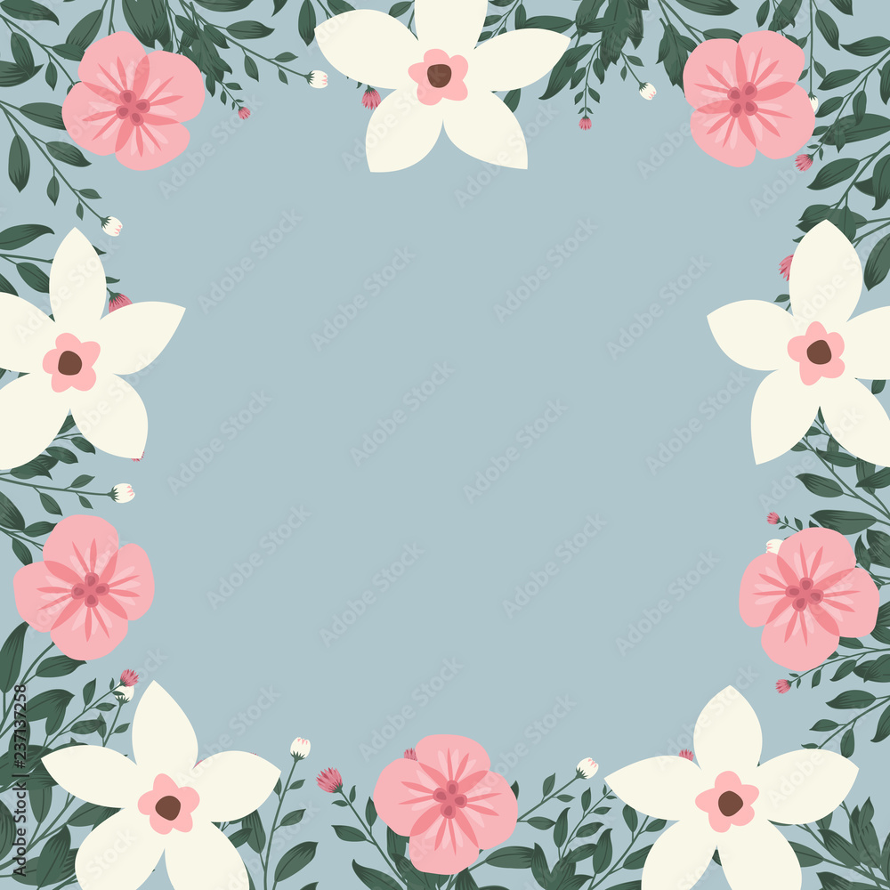 Floral greeting card and invitation template for wedding or birthday anniversary, Vector square shape of text box label and frame, Colorful flowers wreath ivy style with branch and leaves. Floral greeting card and invitation template for wedding or birthday anniversary, Vector square shape of text box label and frame, Colorful flowers wreath ivy style with branch and leaves.