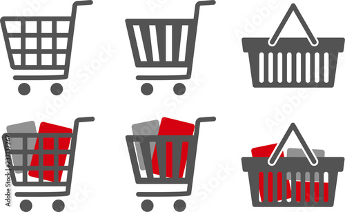 Cart and basket. Sale theme. Business icon set. Colorful flat vector illustrations.