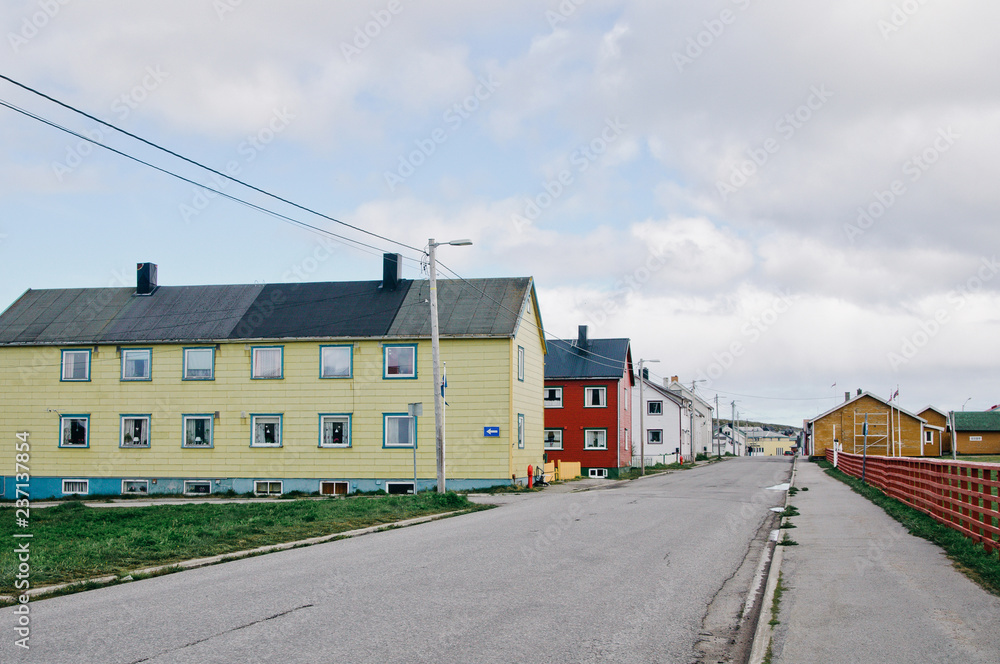 Travel to Norway. Beautiful authentic colorful houses in small towns in the North of Norway