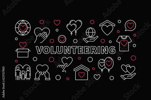 Volunteering vector concept horizontal linear illustration on dark background