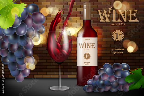 Red wine ad, glass bottle with grape on brick background, retro style design. Transparent wine glass with splash for restaurant menu. 3d vector illustration.