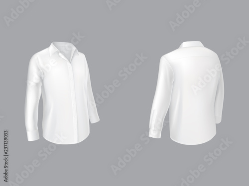 White shirt with long sleeves half turn front and back view realistic vector isolated on grey background. Mens traditional clothing, male classic wear, every day and casual cloth element illustration