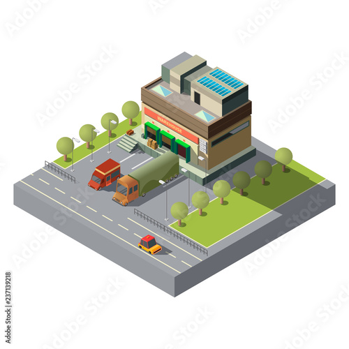 Commercial warehouse building with loading, unloading cargo vehicles near roll gates isometric vector isolated on white background. Delivery, postal service depot. City map cartography design element