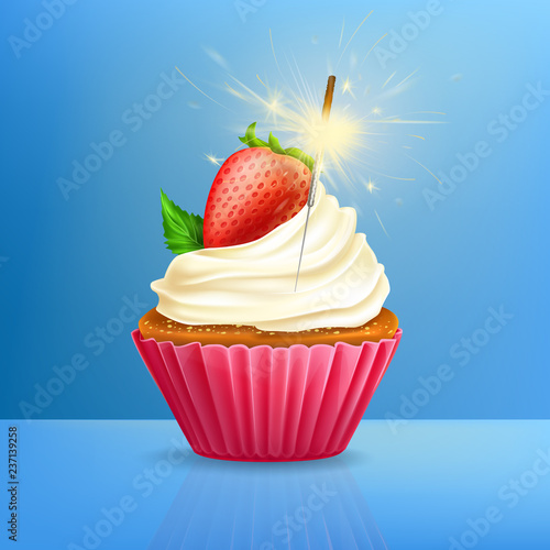 Tasty cupcake, muffin decorated with mint leaf, fresh strawberry and fired sparkler thrust in cream 3d realistic vector illustration. Sweets and pastry for holiday celebration. Birthday party dessert