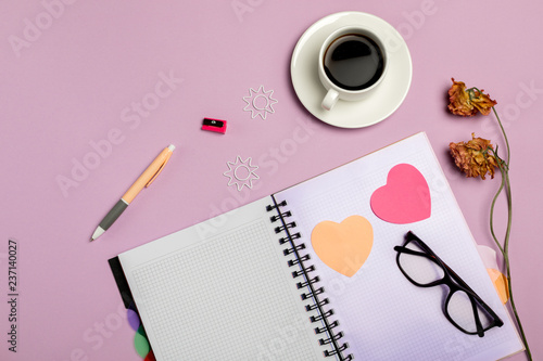 Flat lay composition with stationery on pink background. Mock up for design