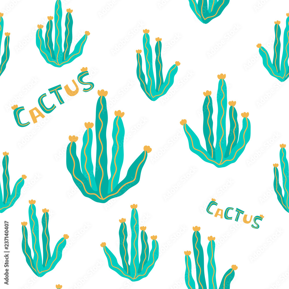 seamless pattern vector cactus exotic pricky childish funny plant on white word for design paper textil 