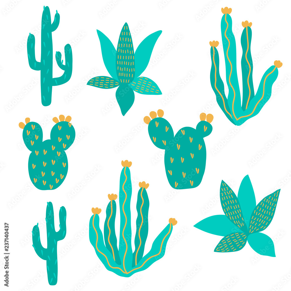 vector cactus exotic pricky childish funny plant on white element set for design paper textil 