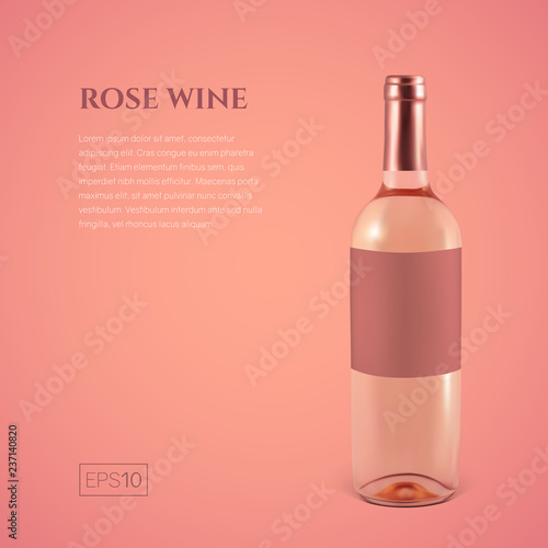 Photorealistic bottle of rose wine on a pink background. Mock up transparent bottle of wine. Template for product presentation or advertising in a minimalistic style.