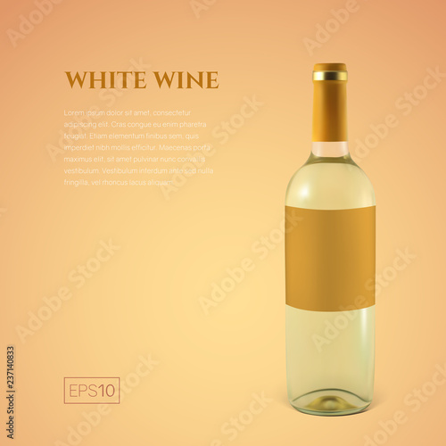 Photorealistic bottle of white wine on a yellow background. Mock up transparent bottle of wine. Template for product presentation or advertising in a minimalistic style.