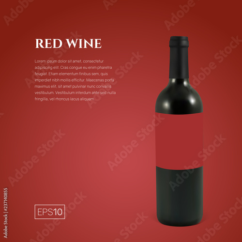 Photorealistic bottle of red wine on a red background. Mock up transparent bottle of wine. Template for product presentation or advertising in a minimalistic style.