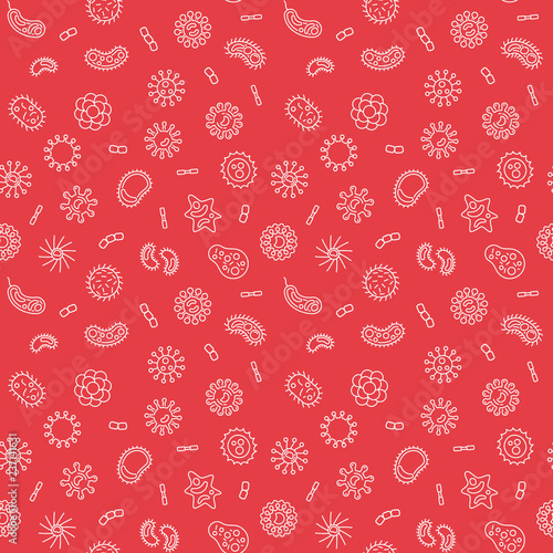 Seamless virology vector red pattern with outline virus and bacteria icons