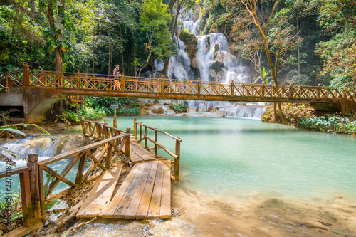 Fototapeta Naklejka Na Ścianę i Meble -  Pool and waterfall in the Tat Kuang Si waterfall system near Luang Prabang in Laos, Indochina, Asia.