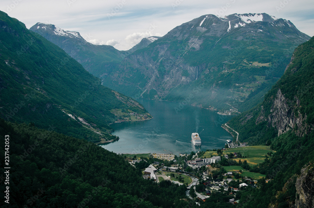 The Geiranger Fjord. One of the most popular among tourists fjord. Very picturesque and beautiful place. Travel to Norway