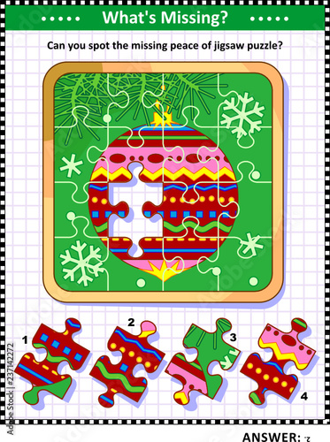 Winter holidays joy themed visual puzzle with  bauble on christmas tree branch jigsaw puzzle (suitable both for children and adults): What's Missing? Can you spot the missing peace of jigsaw puzzle?